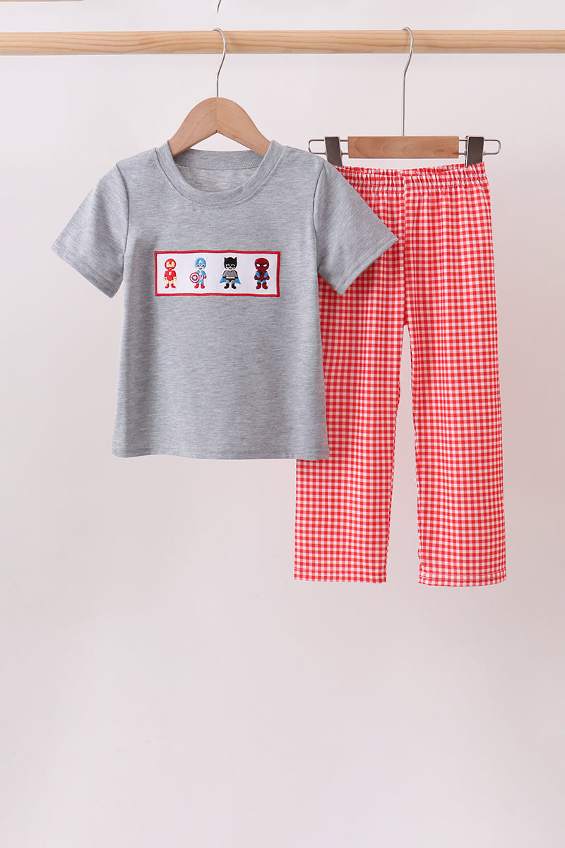 Grey character embroidery gingham pants set - ARIA KIDS