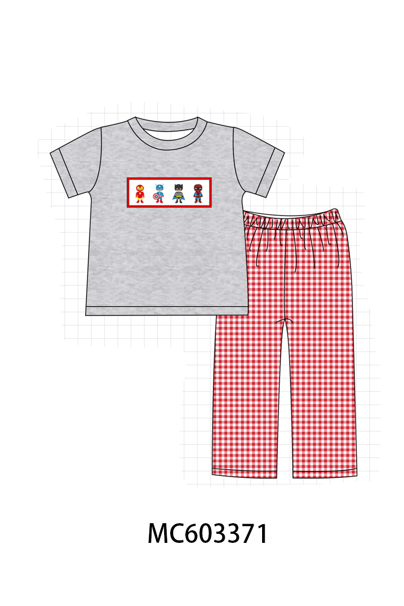 Grey character embroidery gingham pants set