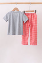 Grey character embroidery gingham pants set - ARIA KIDS