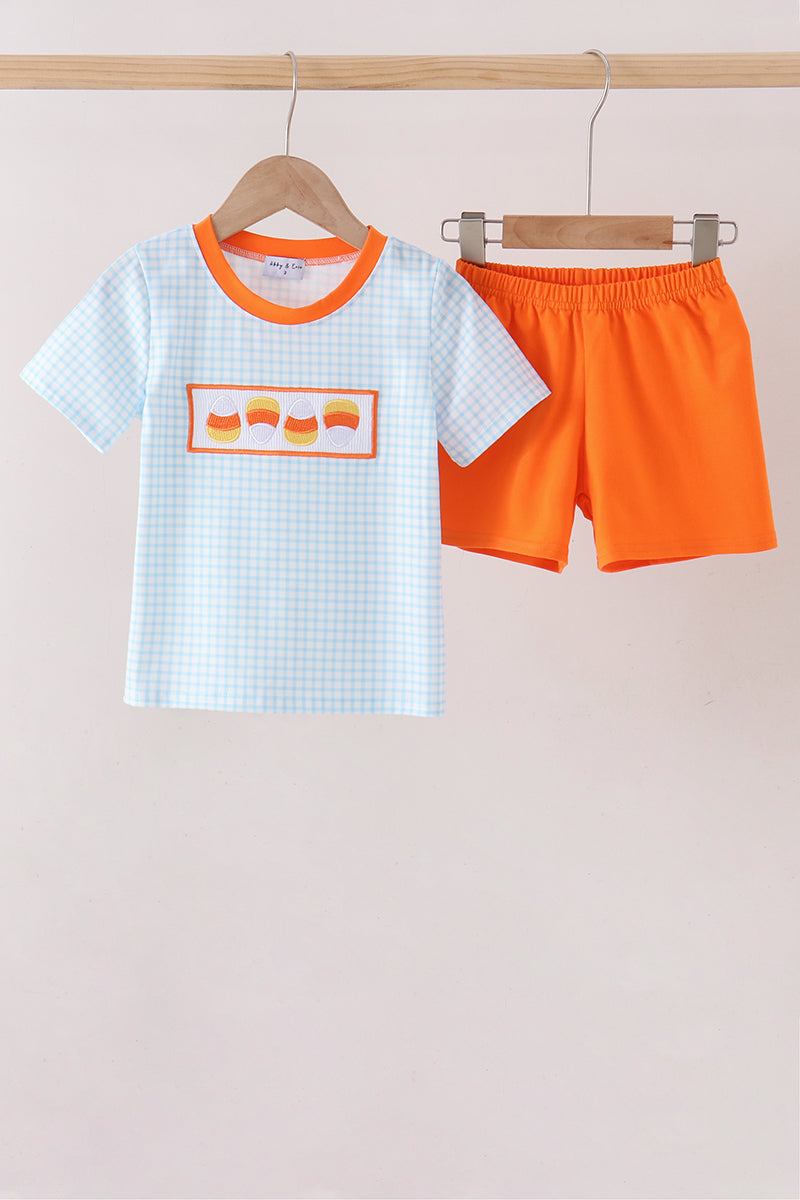 Blue Gingham Candy Corn Embroidery Shorts Set - ARIA KIDS