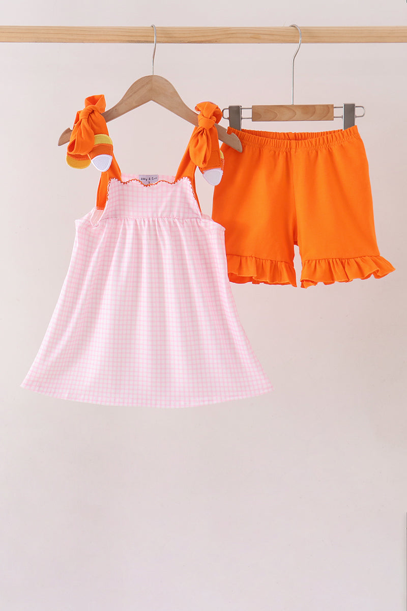 Pink Gingham Candy Corn Ruffle Shorts Set - ARIA KIDS