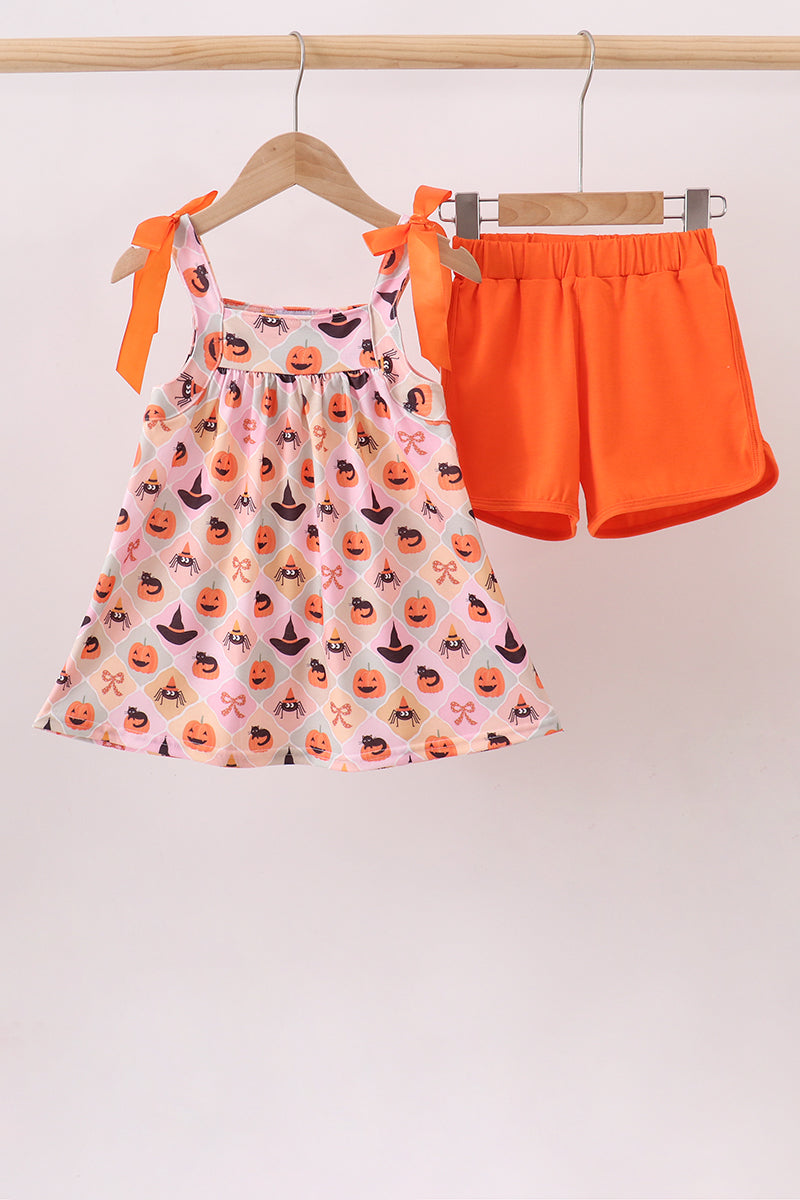 Pumpkin spider bow shorts set - ARIA KIDS