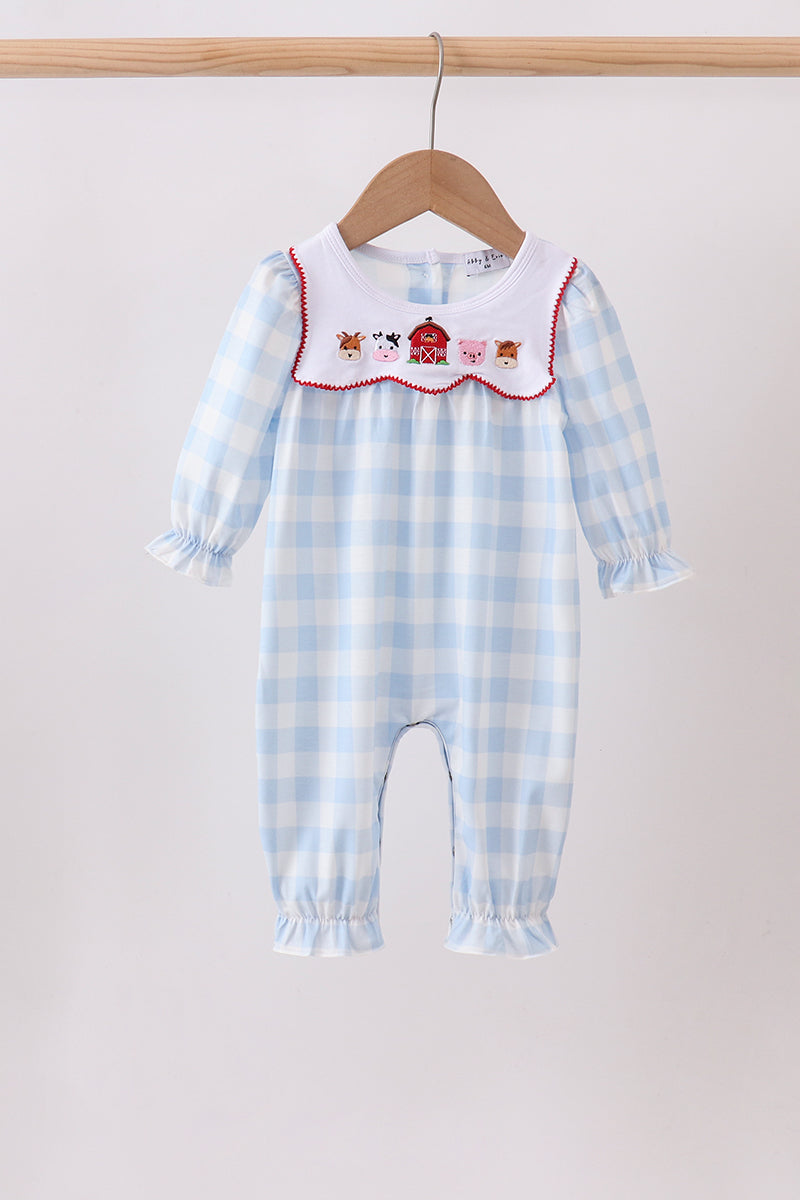 Blue Farm Embroidery Gingham Romper