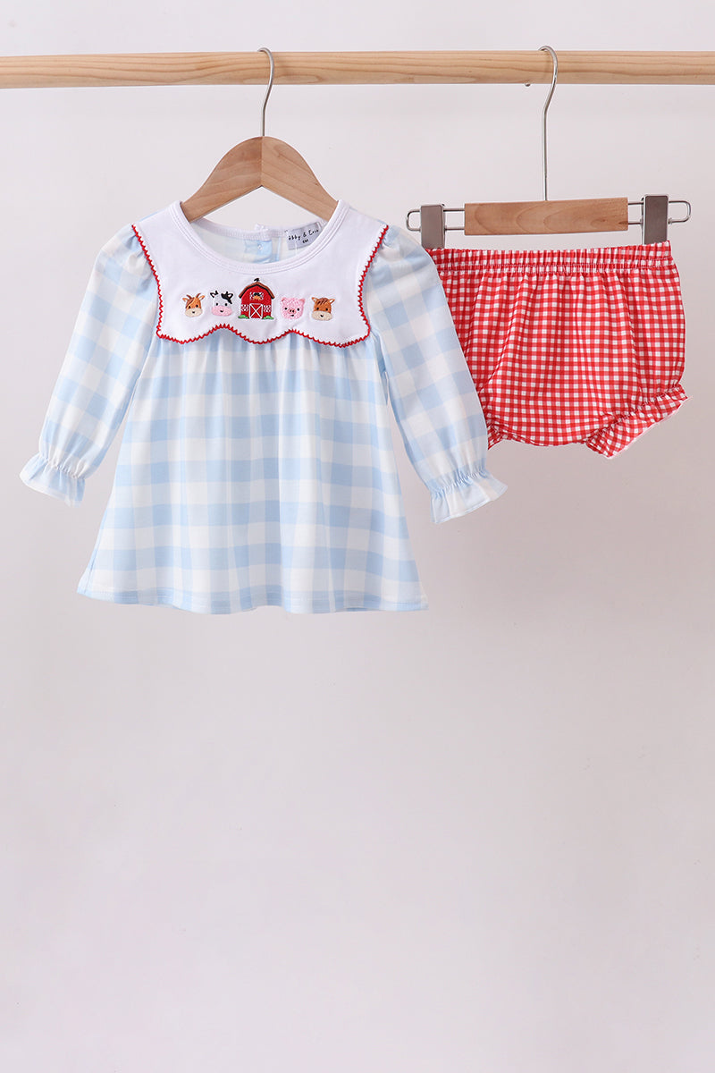 Blue Farm Embroidery Gingham Bloomer Set - ARIA KIDS