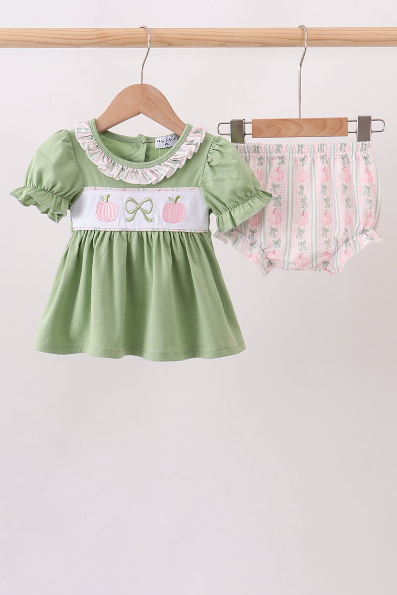 Sage Pumpkin Bow Embroidery Bloomer Set - ARIA KIDS