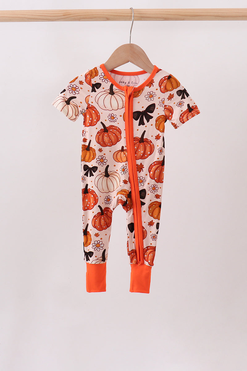 Orange Pumpkin Floral Bow Bamboo Romper - ARIA KIDS