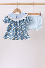 Blue pumpkin bow smocked lace bloomer set