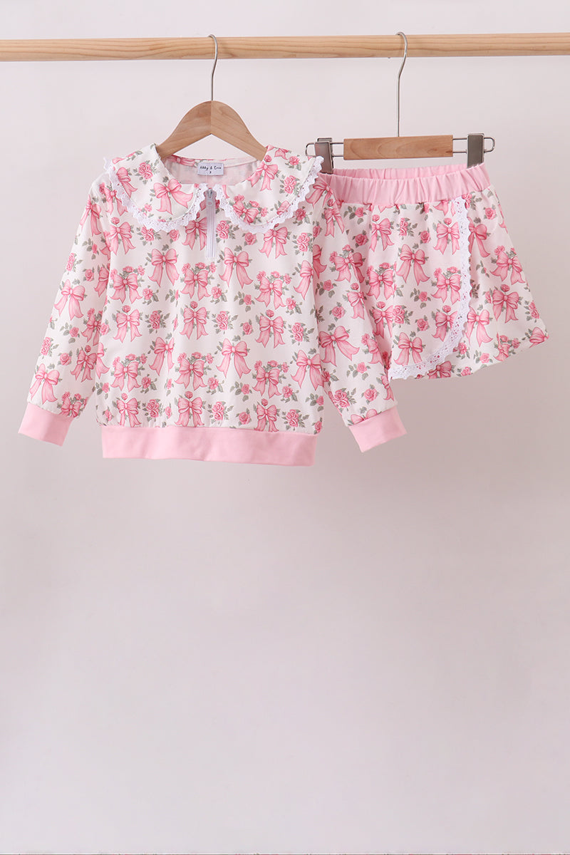 Pink Floral Bow Lace Skorts Set