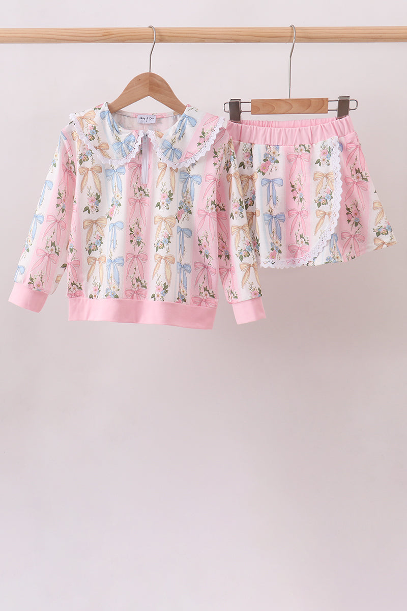 Pink Bow Floral Lace Skorts Set