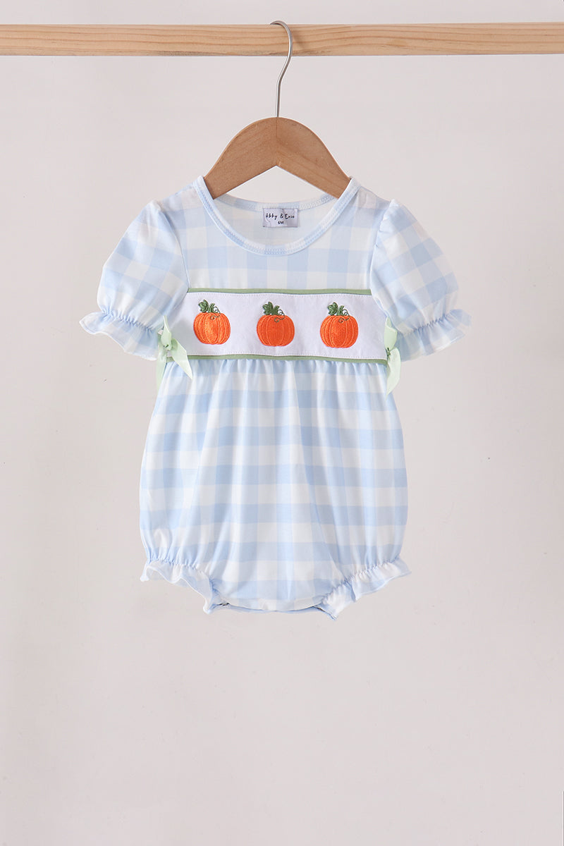 Blue Pumpkin Embroidery Gingham Bubble - ARIA KIDS