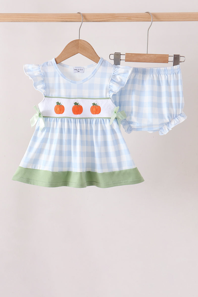 Blue Pumpkin Embroidery Gingham Bloomer set - ARIA KIDS