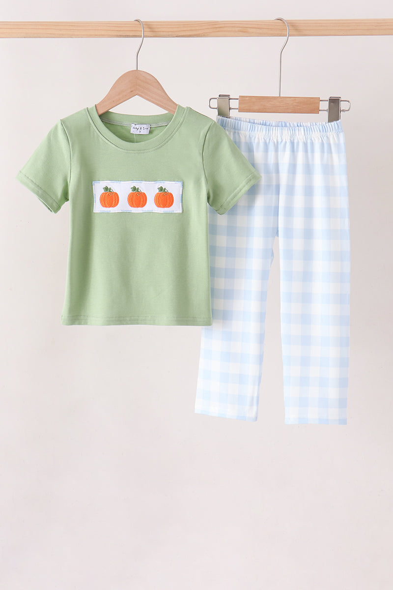 Blue Pumpkin Embroidery Gingham pants Set - ARIA KIDS