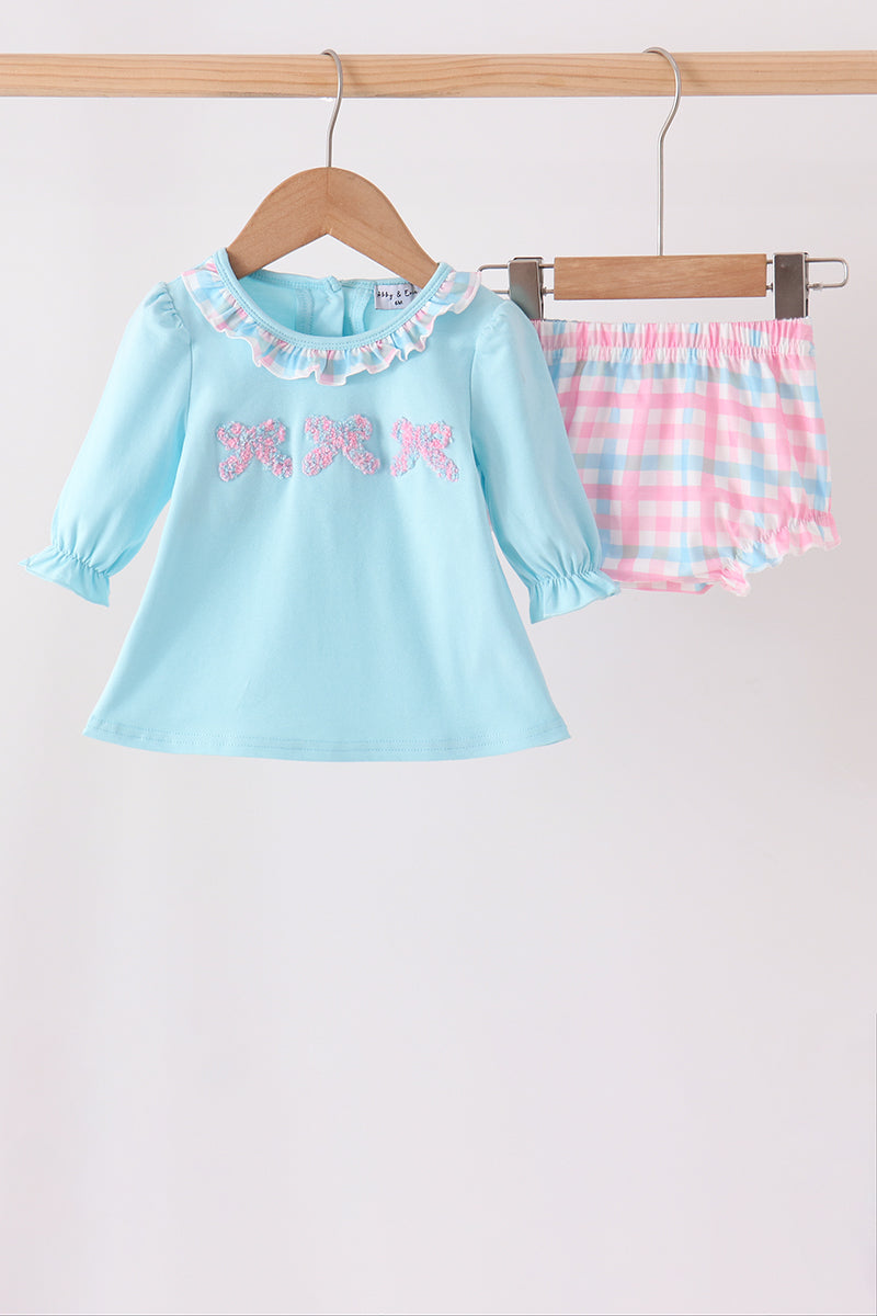 Blue bow french knot ruffle plaid bloomer set - ARIA KIDS