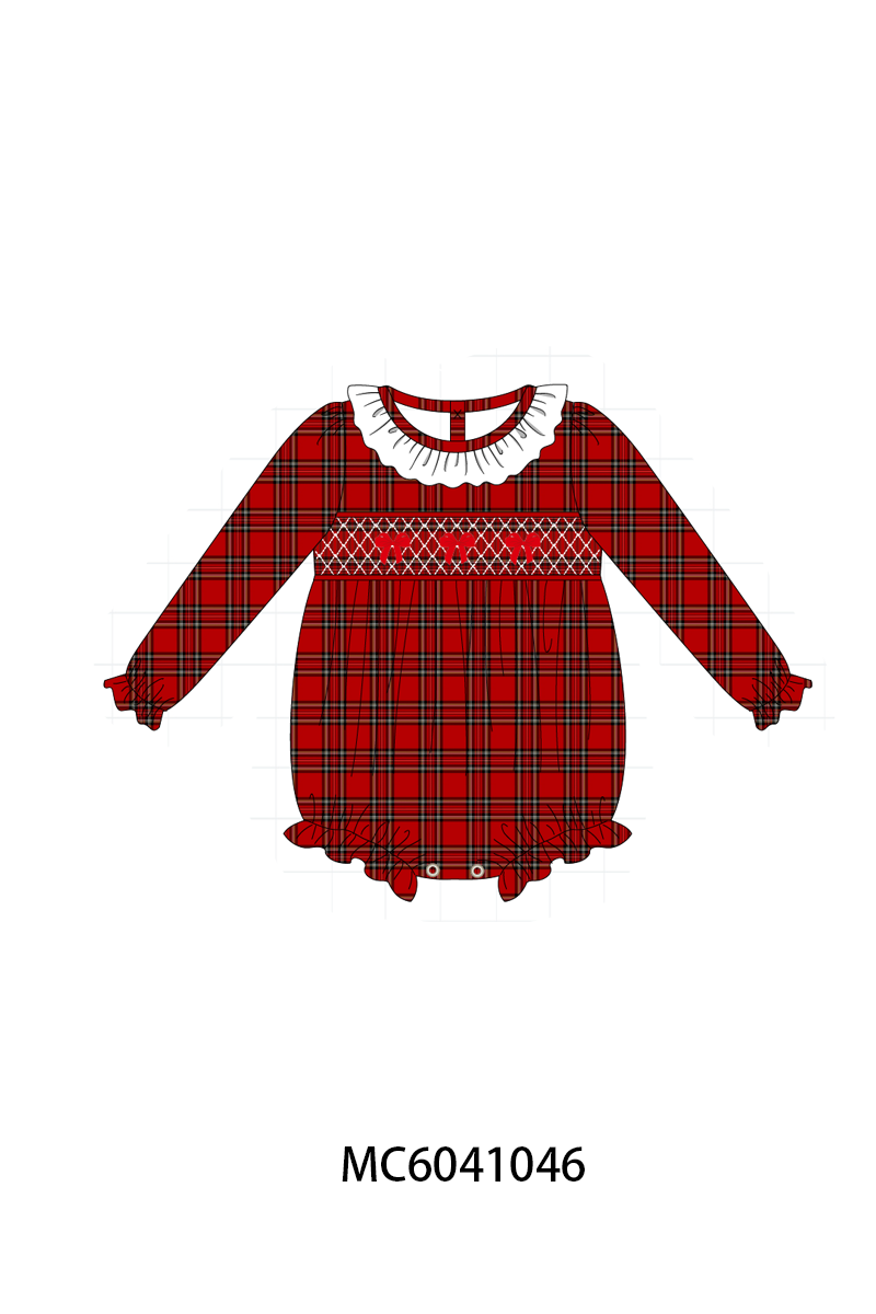 Red Plaid Bow Smocked Ruffe Bubble - ARIA KIDS