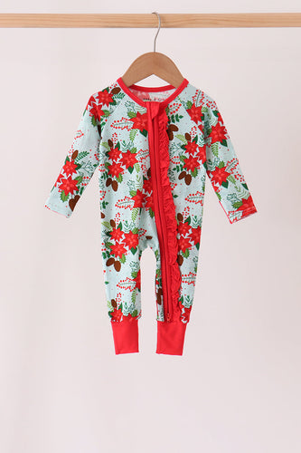 Red Floral Ruffle Zip Bamboo Romper - ARIA KIDS