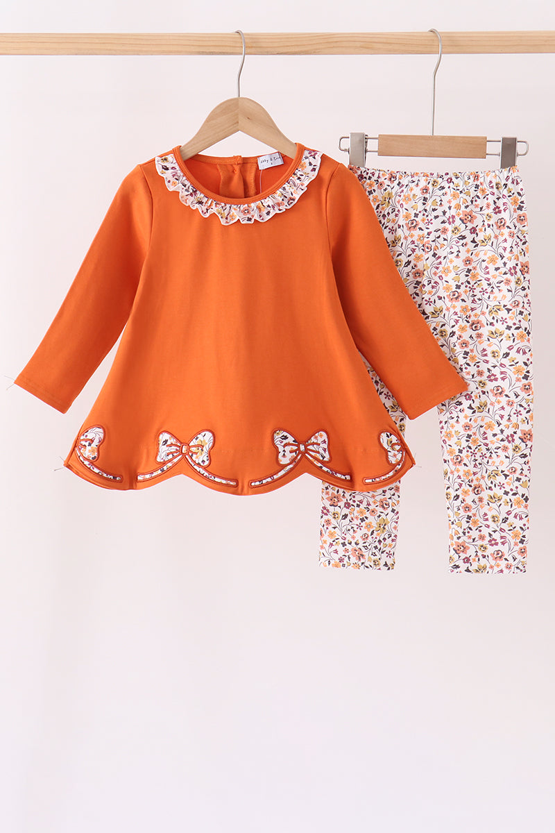 Orange Floral Bow Ruffle pants set - ARIA KIDS
