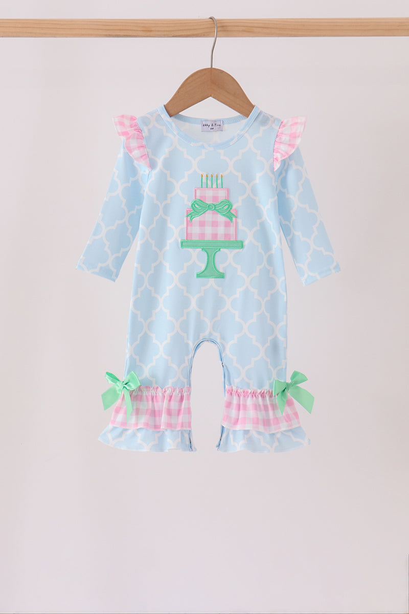 Blue birthday cake appilque ruffle romper - ARIA KIDS