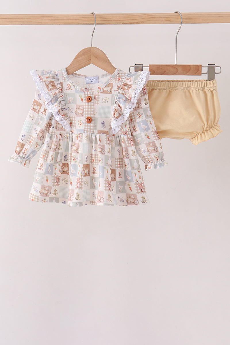 Khaki farm checkered ruffle bloomer set - ARIA KIDS