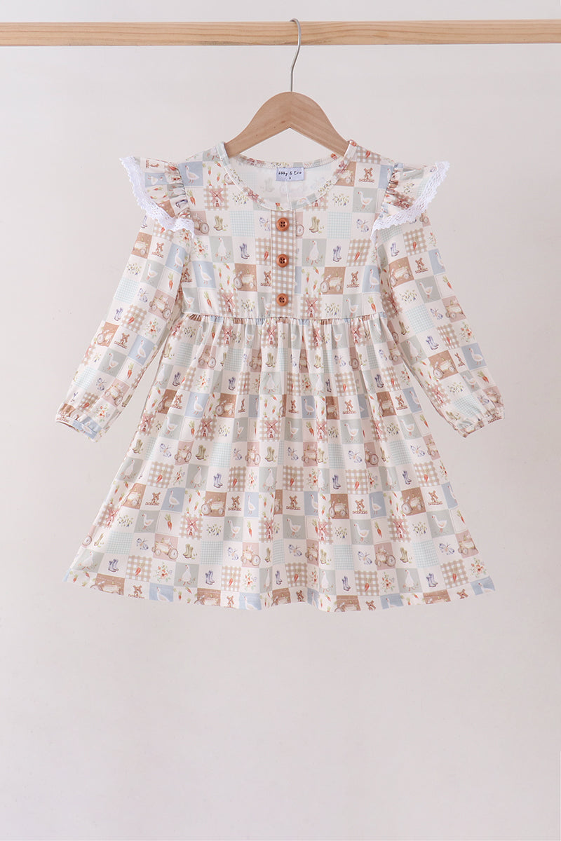 Khaki farm checkered ruffle dress - ARIA KIDS