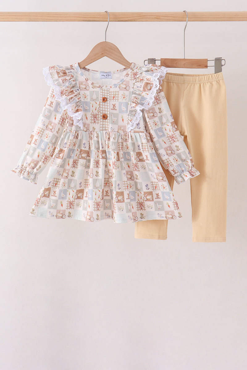 Khaki farm checkered ruffle pants set - ARIA KIDS