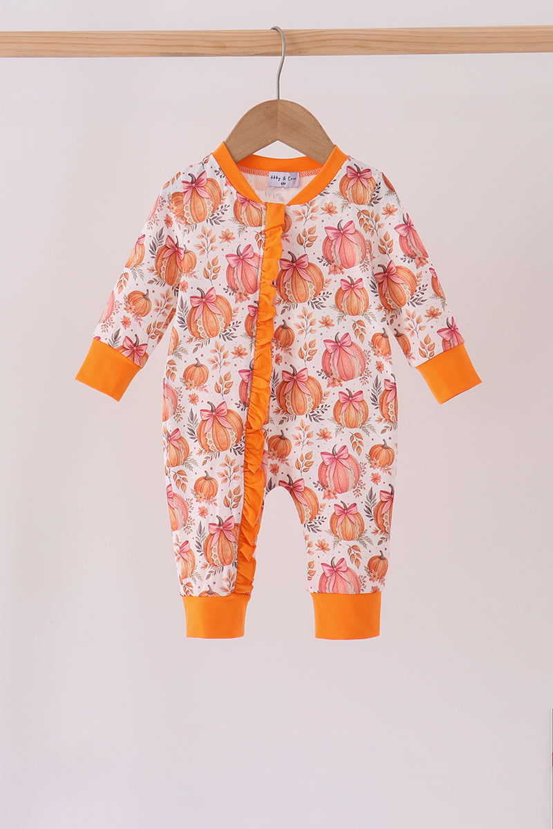 Orange Pumpkin Print Ruffle Romper - ARIA KIDS