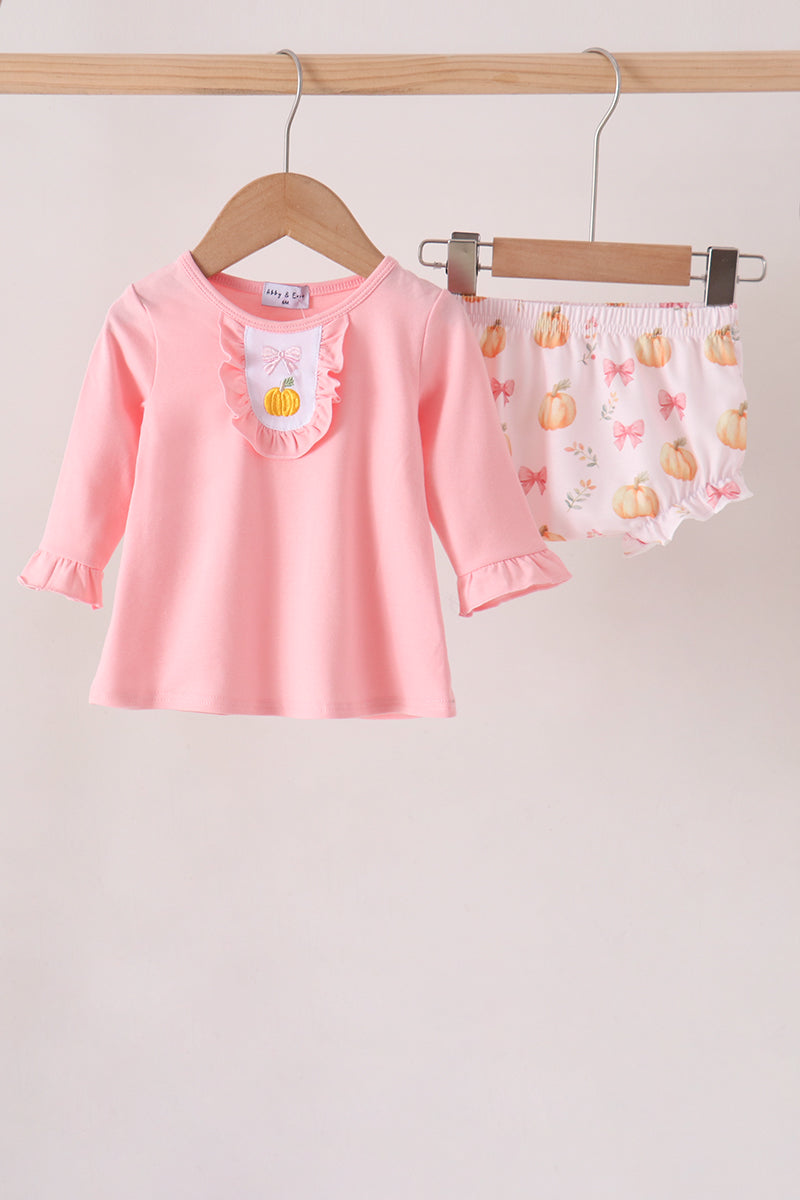 Pink pumpkin bow embroidery ruffle bloomer set - ARIA KIDS