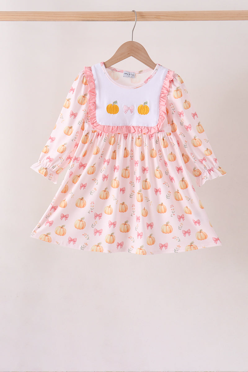 Pink pumpkin bow embroidery ruffle dress - ARIA KIDS