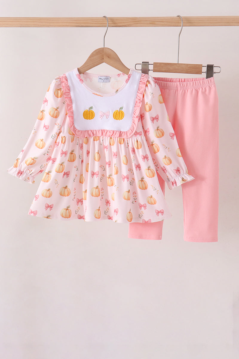 Pink pumpkin bow embroidery ruffle pants set - ARIA KIDS