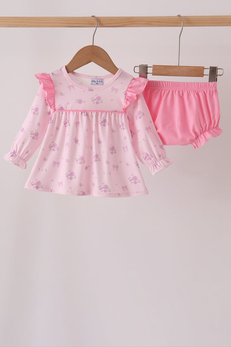 Pink floral bow ruffle bloomer set - ARIA KIDS