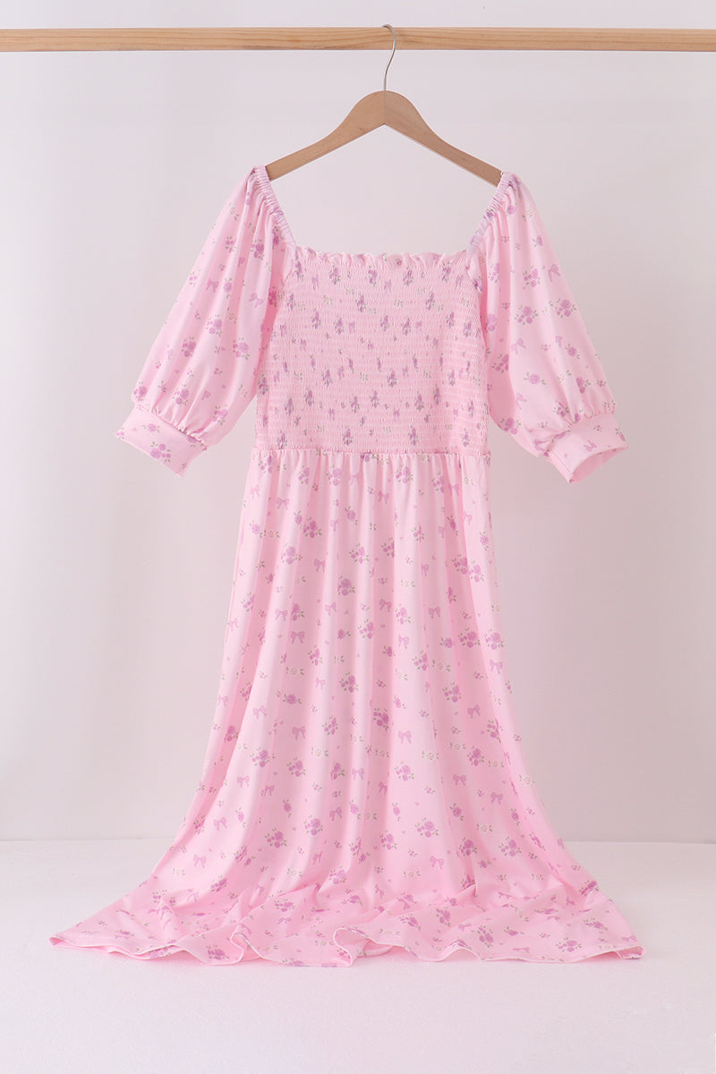 Pink Floral Bow Smocked mom dress - ARIA KIDS