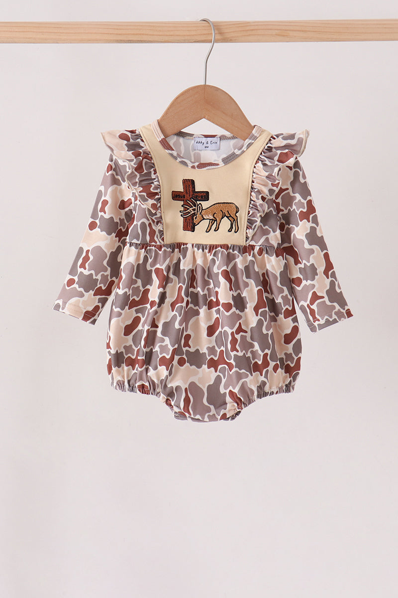 Khaki camoufalge cross deer embroidery ruffle bubble - ARIA KIDS