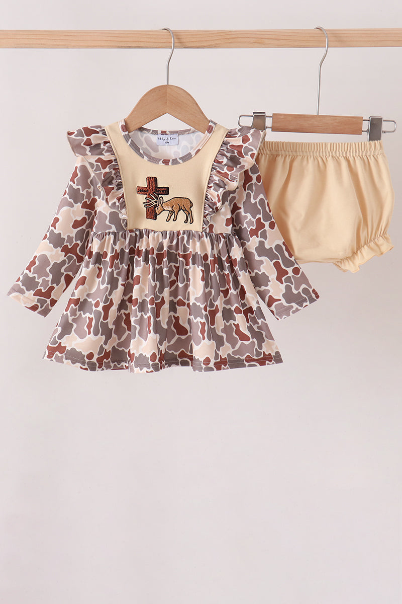 Khaki camoufalge cross deer embroidery ruffle bloomer set - ARIA KIDS