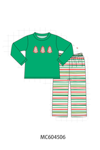 Green christmas tree applique stripe pants set
