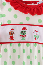 Green grinch embroidery ruffle dot romper