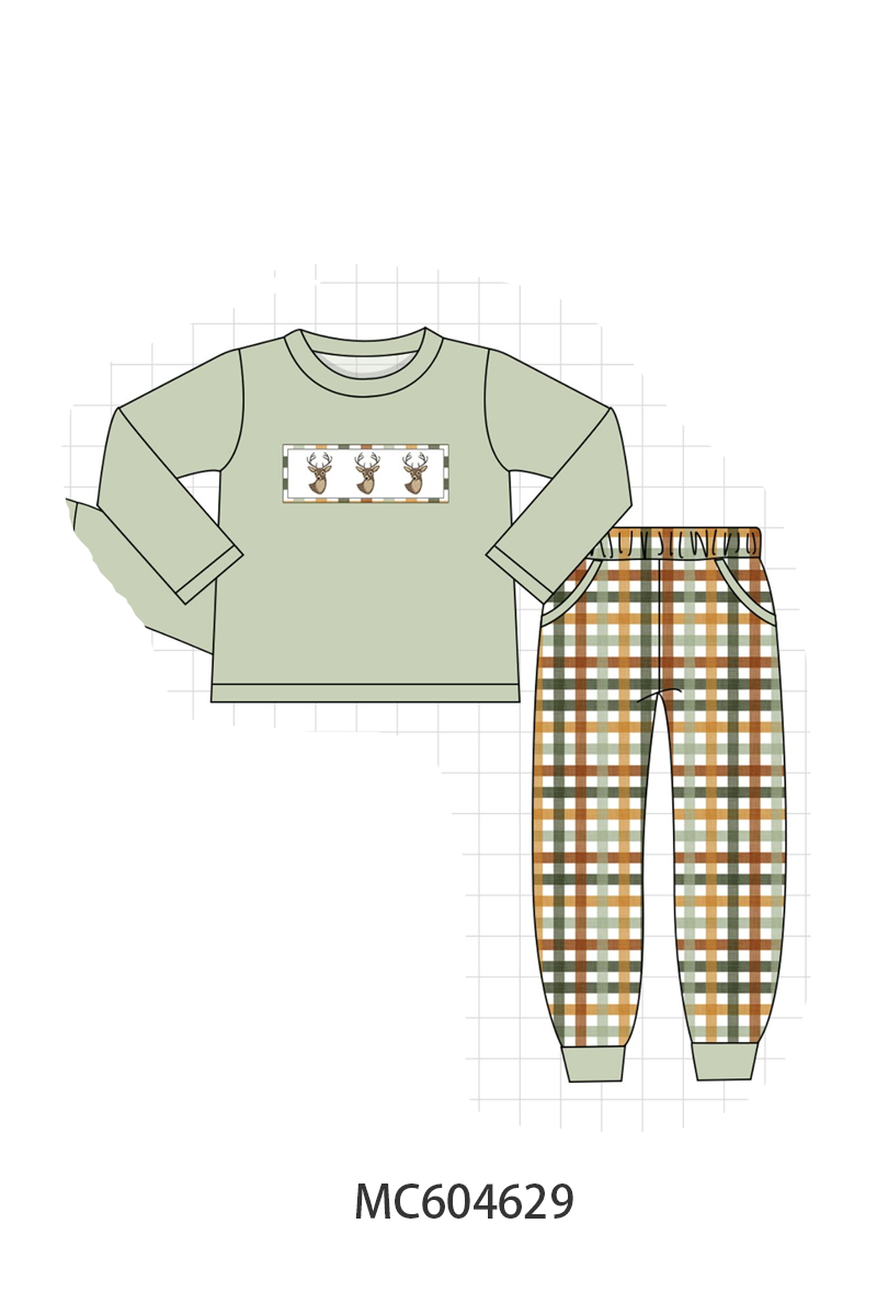 Sage deer embroidery plaid pants set - ARIA KIDS