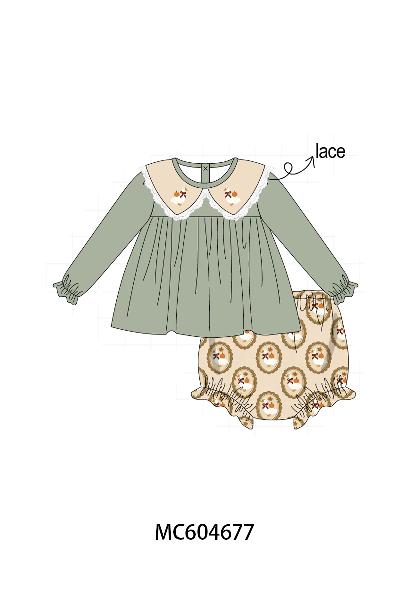 Green goose pumpkin embroidery bloomer set - ARIA KIDS