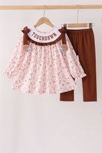 Brown touchdown football embroidery ruffle pants set - ARIA KIDS