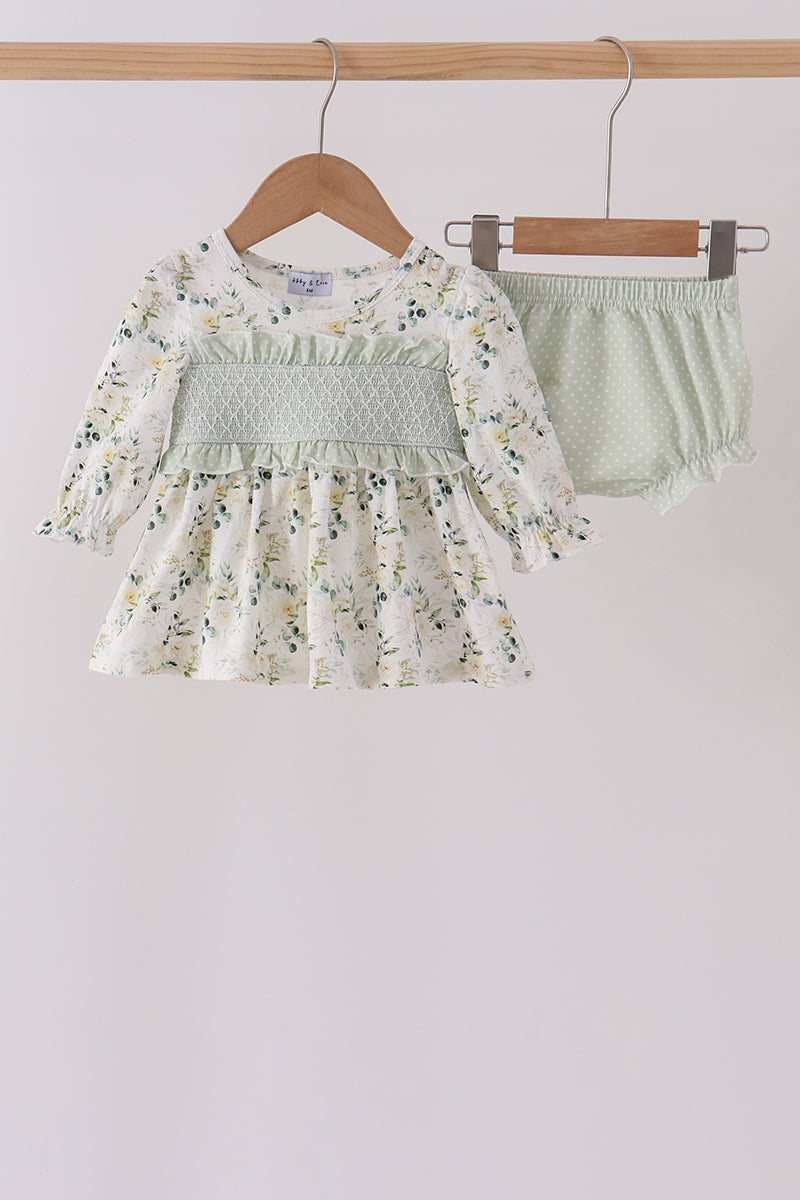 Sage floral smocked ruffle bloomer set - ARIA KIDS