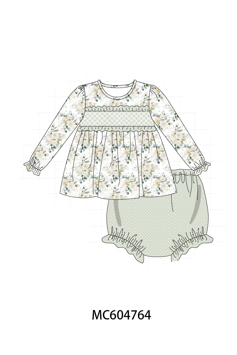 Sage floral smocked ruffle bloomer set - ARIA KIDS