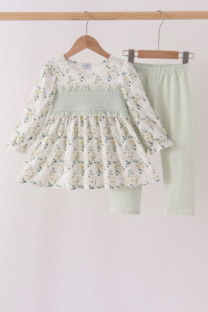 Sage floral smocked ruffle pants set - ARIA KIDS