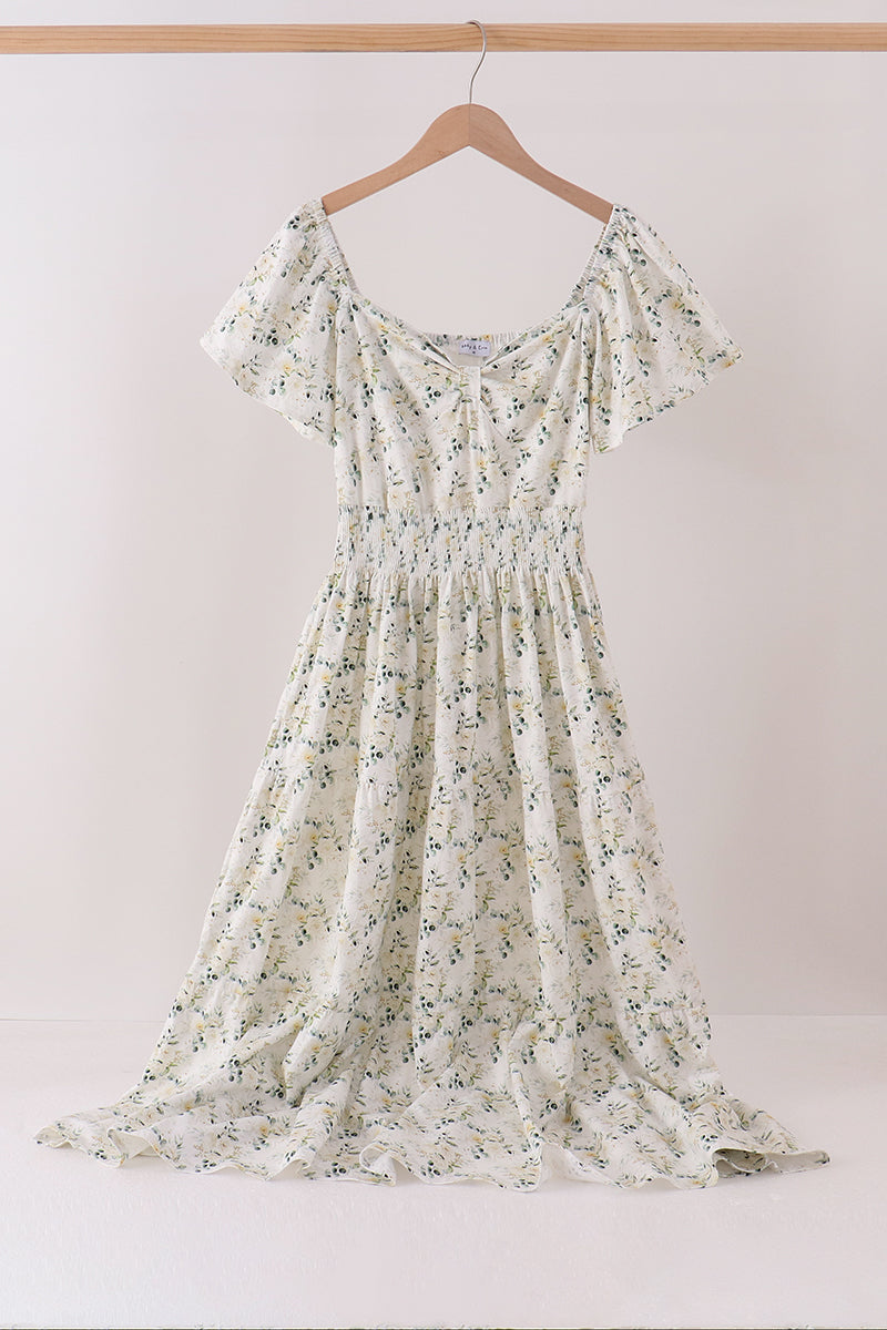 Sage floral smocked tiered mom dress - ARIA KIDS
