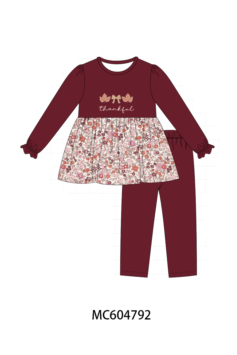 Maroon thankful floral leaves embroidey pants set - ARIA KIDS