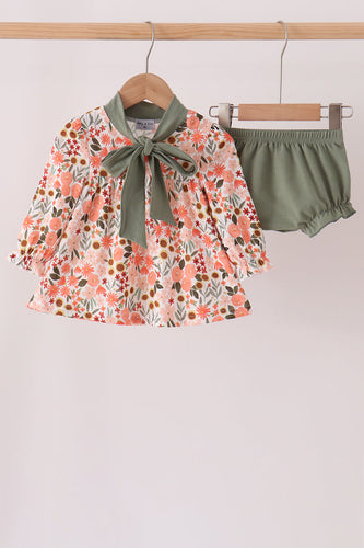 Green floral bow bloomer set - ARIA KIDS