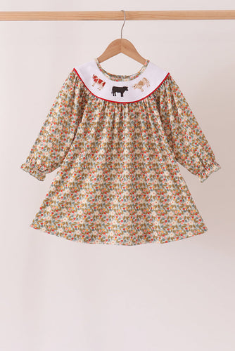 Brown Floral Cow Embroidery Dress - ARIA KIDS