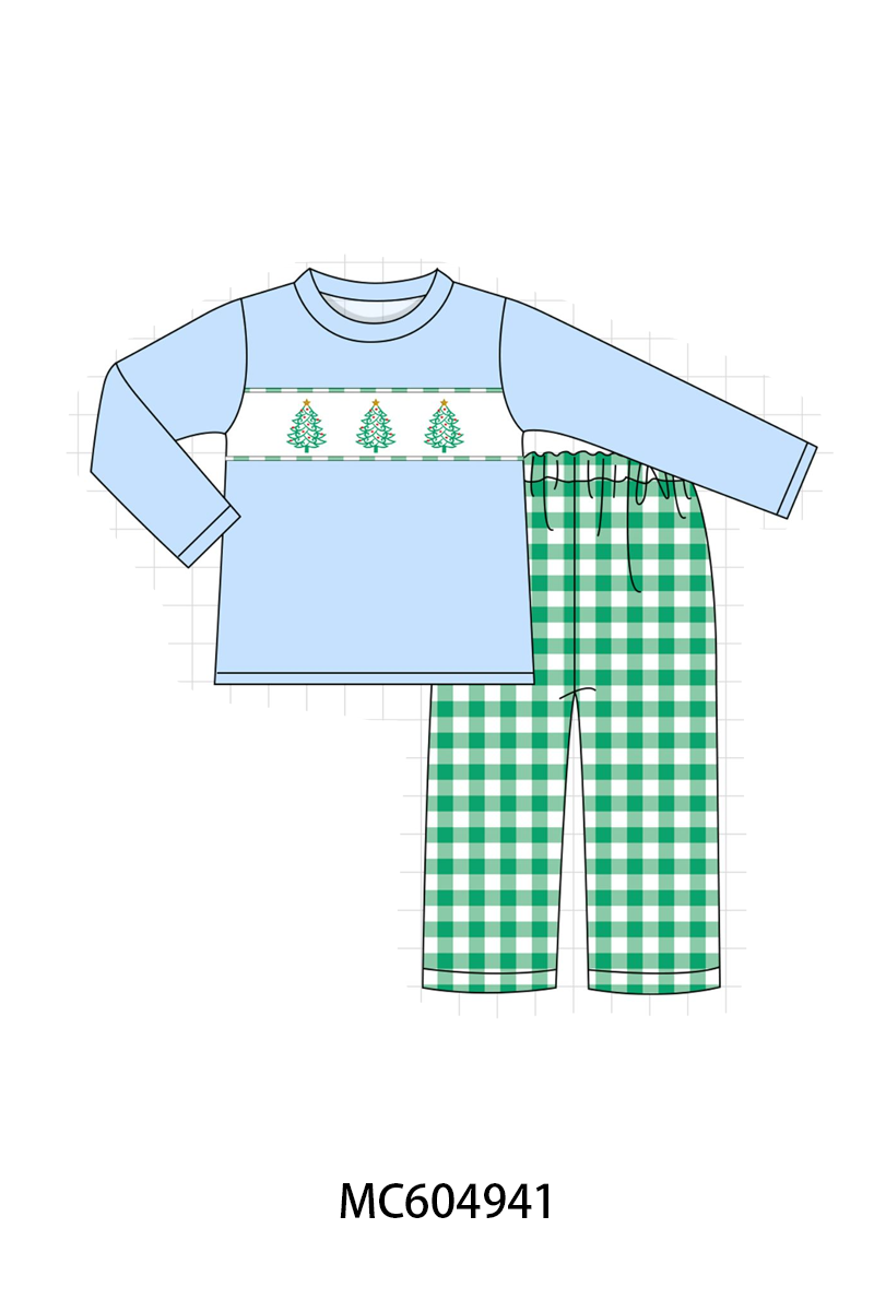 Green Christmas Tree Embroidery Gingham Pants Set