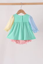 Colorblock character applique ruffle bubble