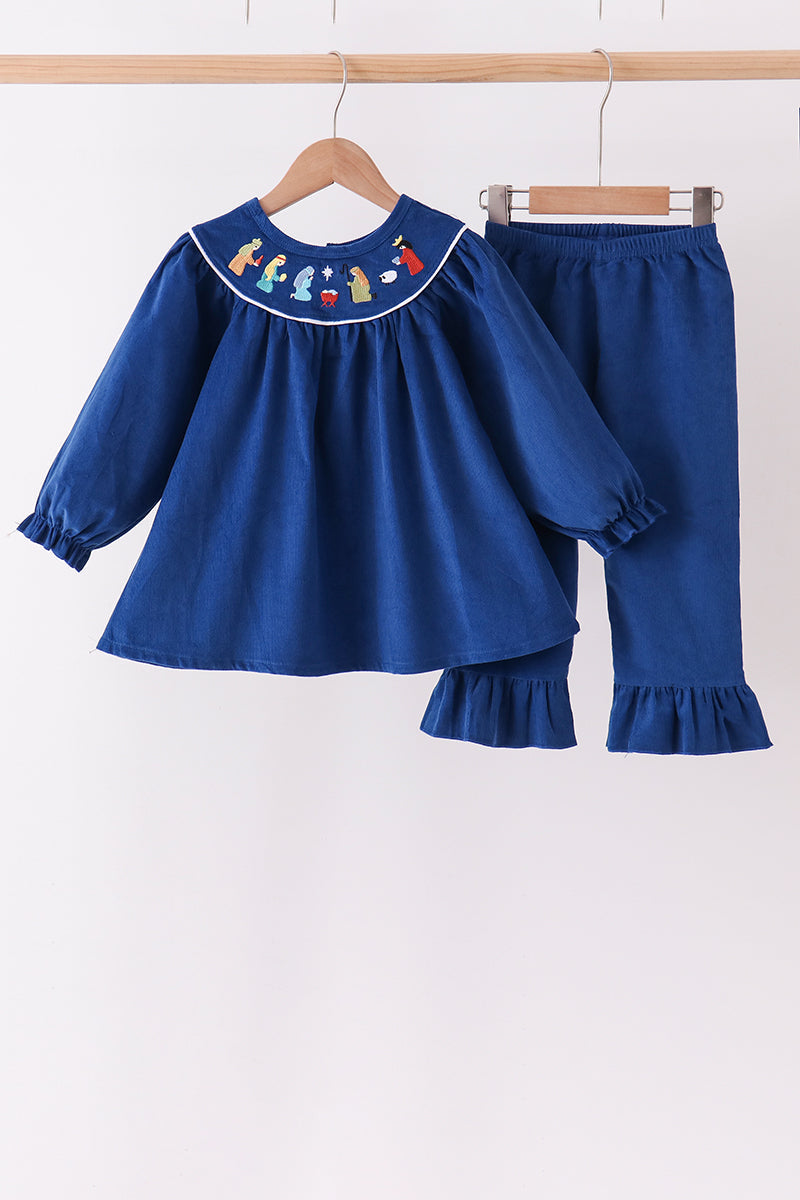Blue Nativity corduroy Embroidery Ruffle Pants Set - ARIA KIDS