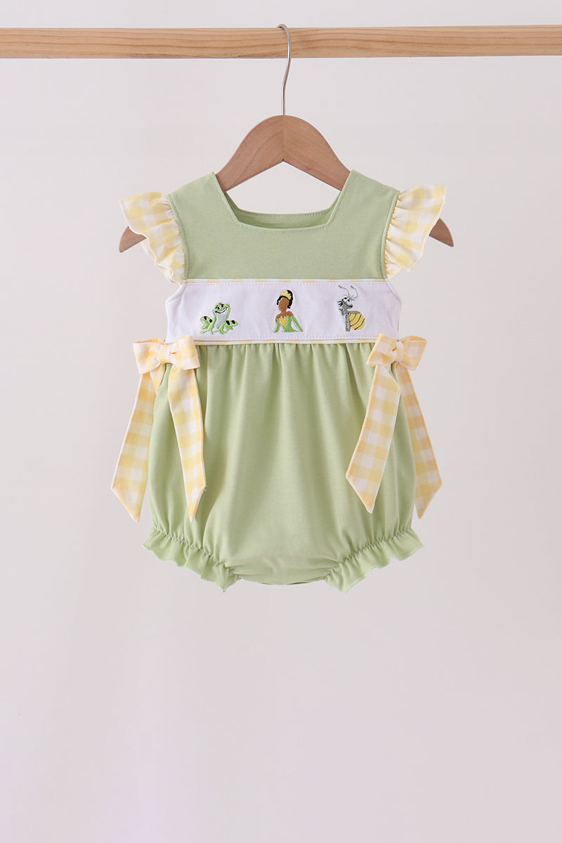 Green Princess Frog Embroidery Ruffle Bubble - ARIA KIDS