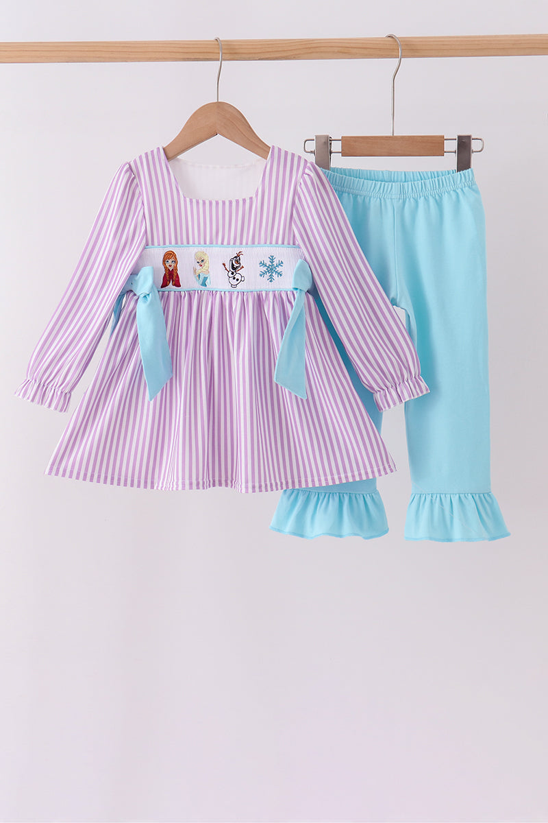 Purple Stripe Frozen Embroidery Ruffle Pants Set - ARIA KIDS