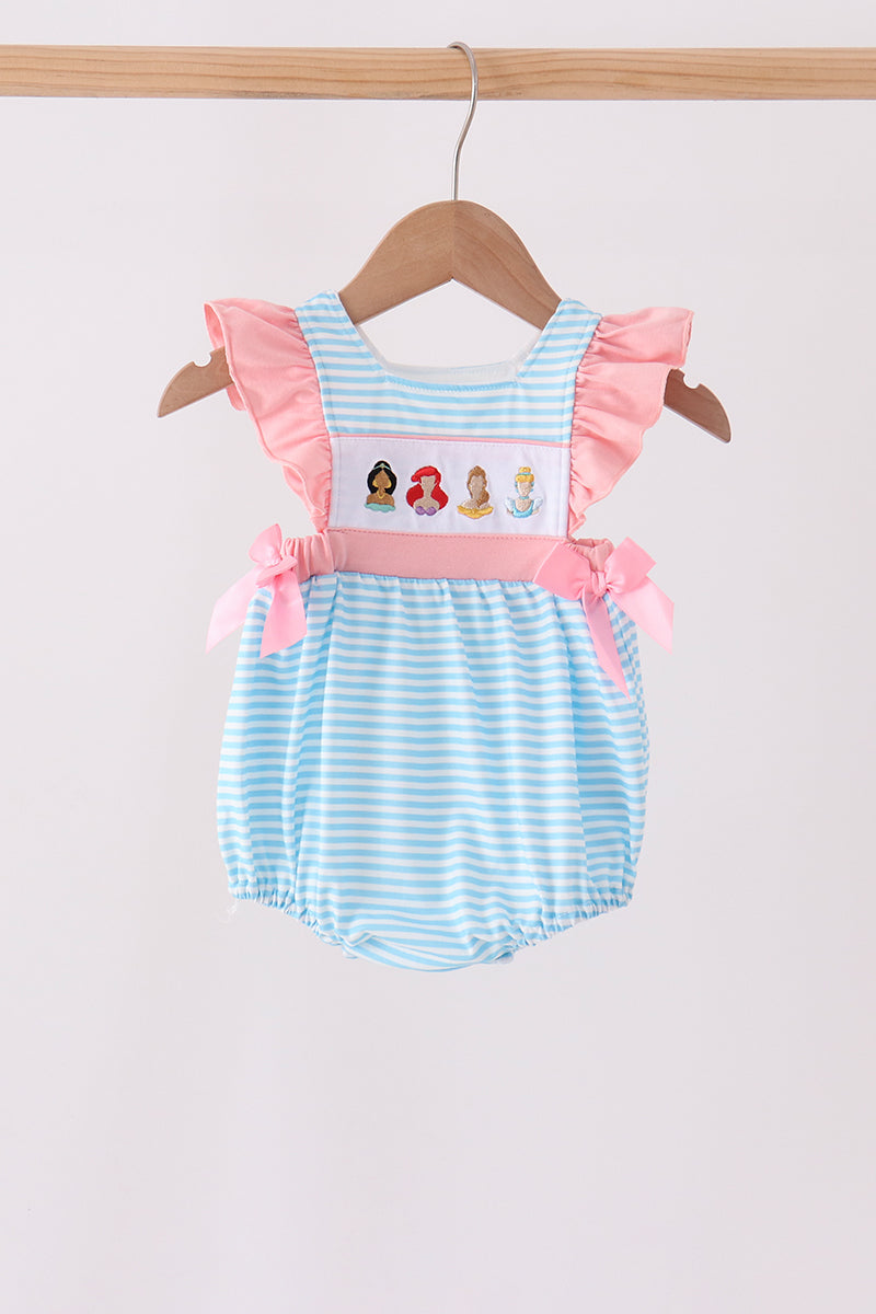Blue Stripe Princess Embroidery Ruffle Bubble - ARIA KIDS